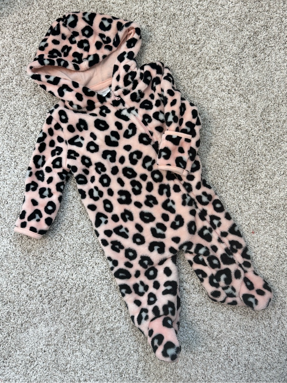 Baby Pink Leopard Hooded Fleece One-Piece Bodysuit